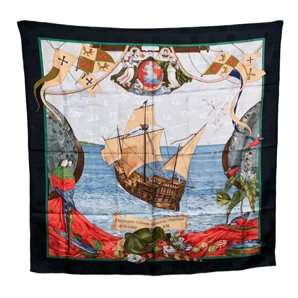 Hermes  Hermès CHRISTOPHE COLOMB DECOUVRE L’AMERIQUE 12 OCTOBRE 1492 SILK SCARF - Picture 15 of 16